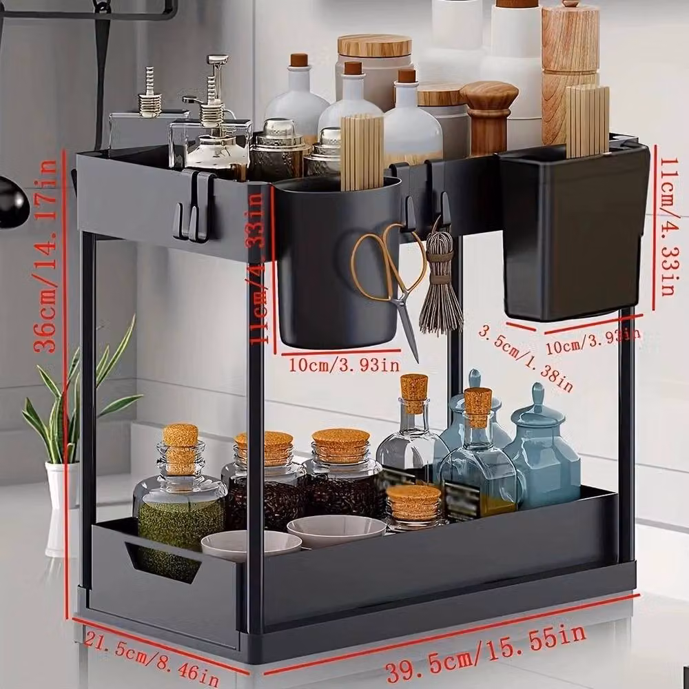 KORVIXA 2-Piece Under Sink Kitchen Cabinet Organisers and Storage in Black, W/D/H: 100 x 100 x 36 cm – 2