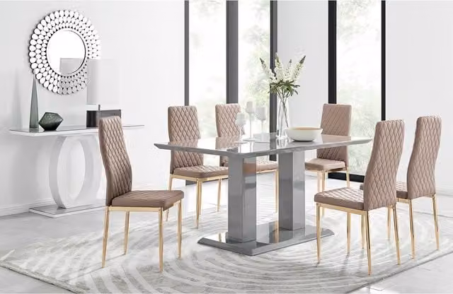 FurnitureboxUK Imperia Grey High Gloss Dining Table and 6 Milan Chairs with Gold Legs in Cappuccino