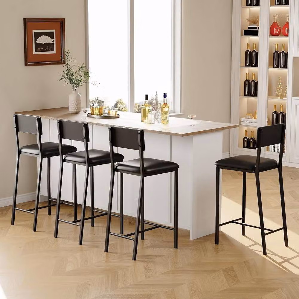 London Boutique Set of 4 Black Synthetic Leather Upholstered Bar Stools with Footrest and Backrest – 5