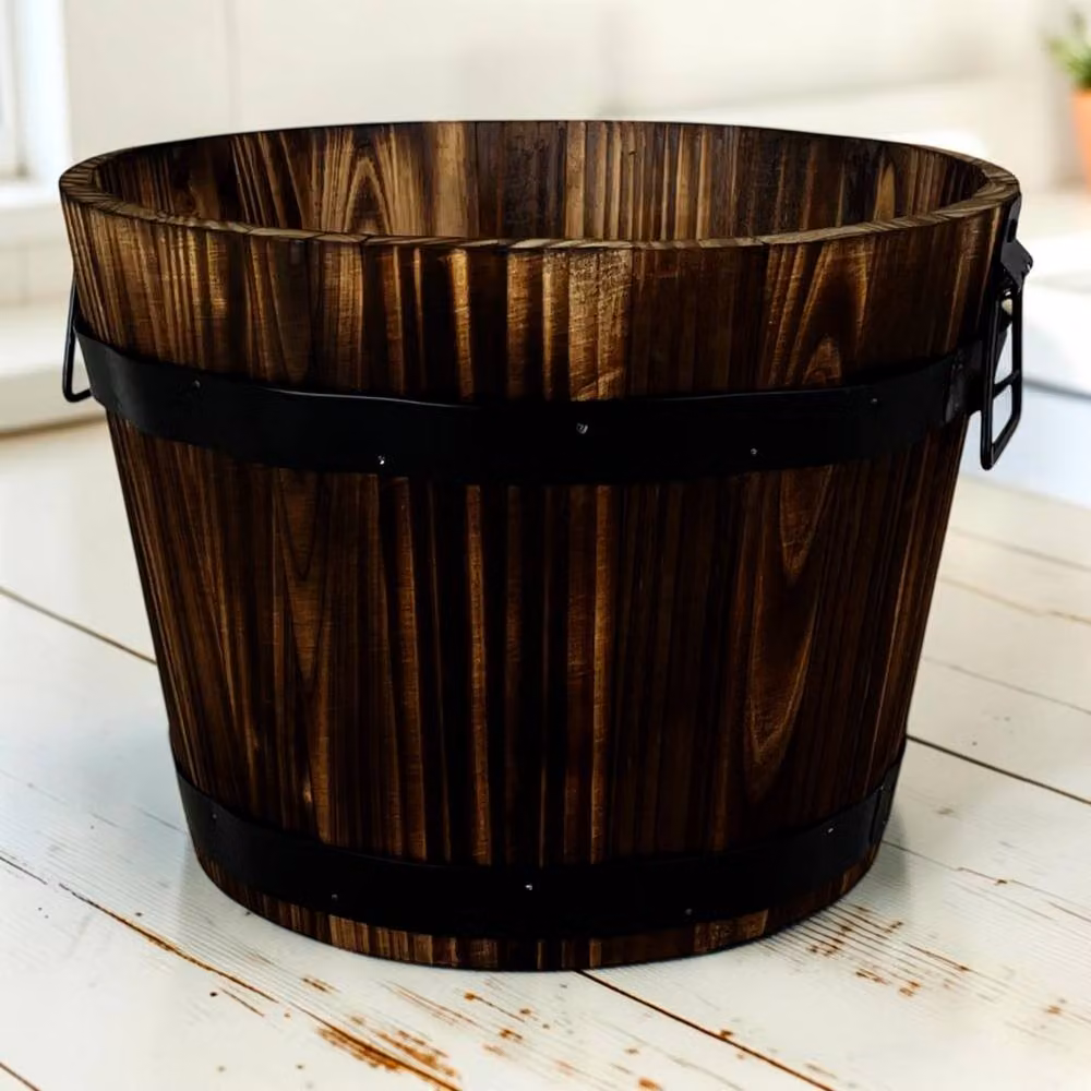 Four Candle Rustic Wooden Barrel Planter with Metal Bands and Handles in Brown – 2