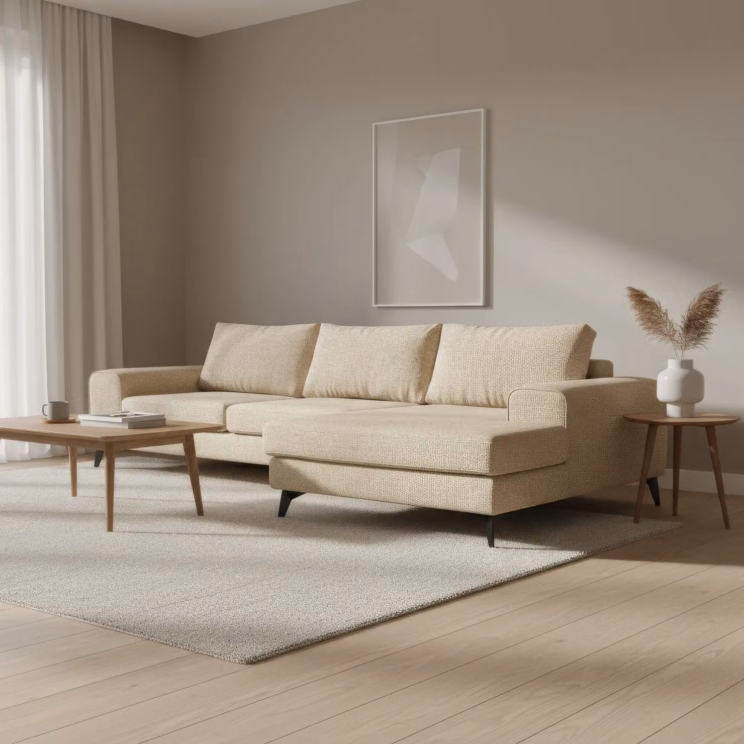 Abakus Direct Venice Right-Facing L-Shape Corner Sofa in Cream Fabric with Deep Seats and Extra-Wide Padded Arms – 2