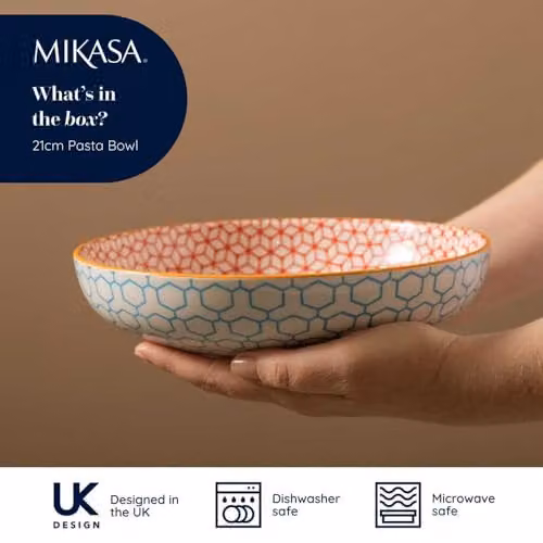 Mikasa Blue Geometric Glazed Stoneware Pasta Coupe Bowl, 21cm – 4