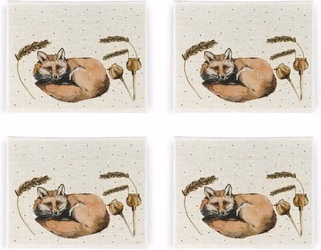 Purely Home Sleeping Fox Floral Linen Placemats, Set of 4, White and Beige Square Design