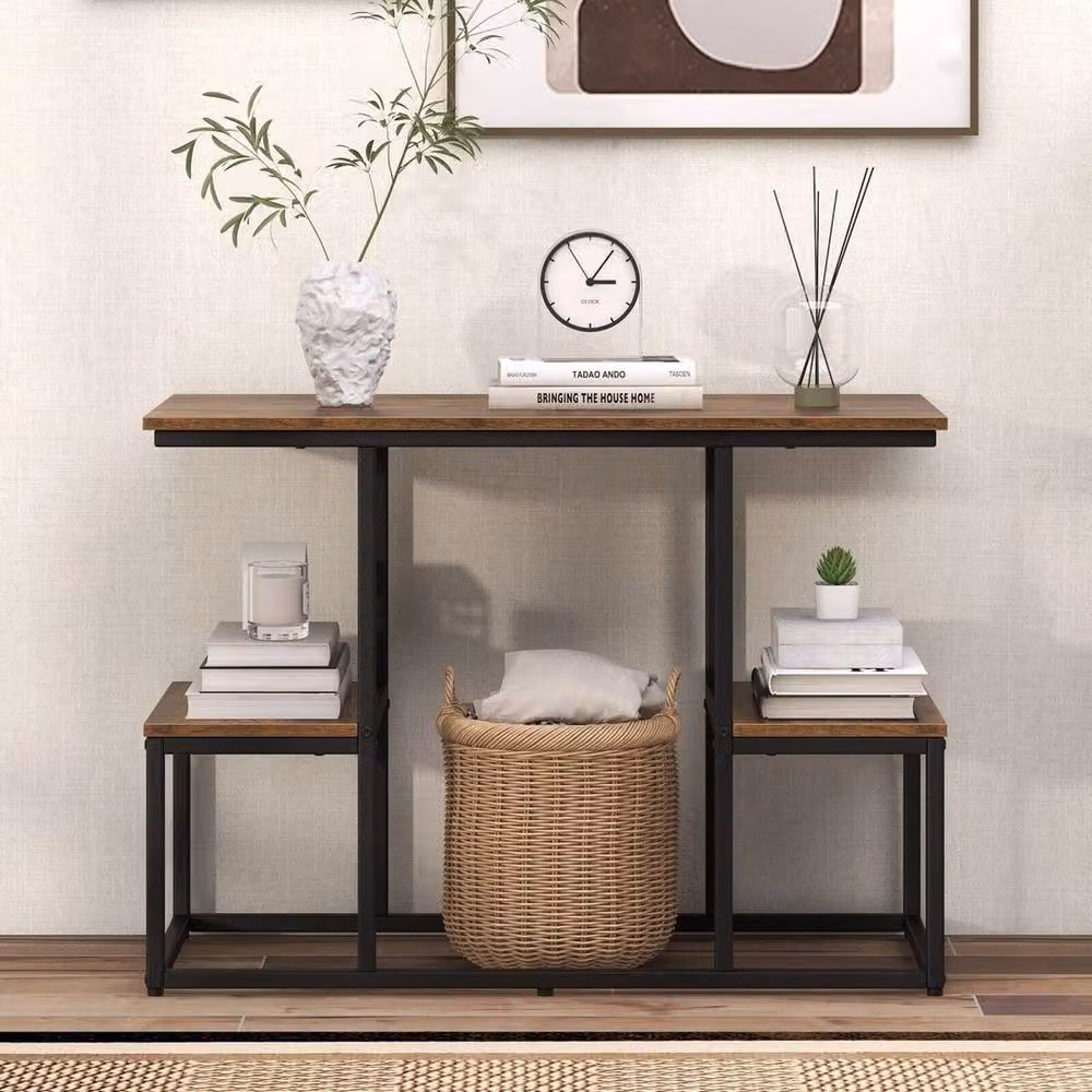 VOGREX Industrial Brown Wood and Metal TV Console and Sofa Storage Table – 3