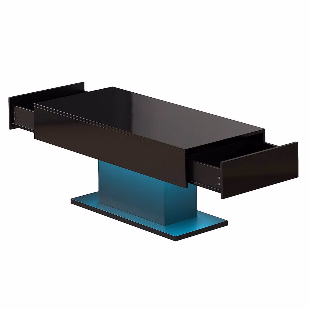 KEEPREAPER Modern Glossy Black Rectangular Coffee Table with 2 Storage Drawers and LED Lights, W/D/H: 110 x 55 x 50 cm – 1