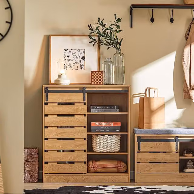 SoBuy Industrial Wood Storage Sideboard in Yellow and Brown, W/D/H: 35 x 35 x 35 cm