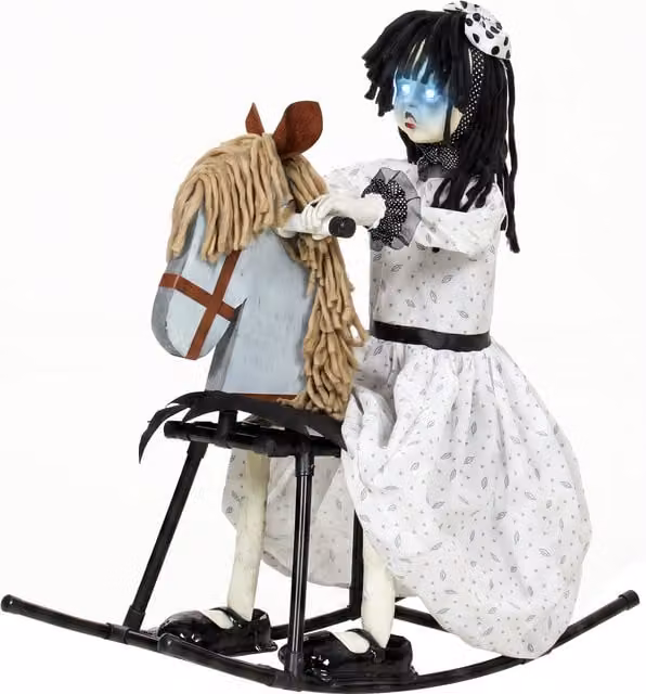HOMCOM Animated Halloween Girl Riding Horse Animatronic with Glowing Eyes and Sound/Touch Activation, White and Multicolour – 1