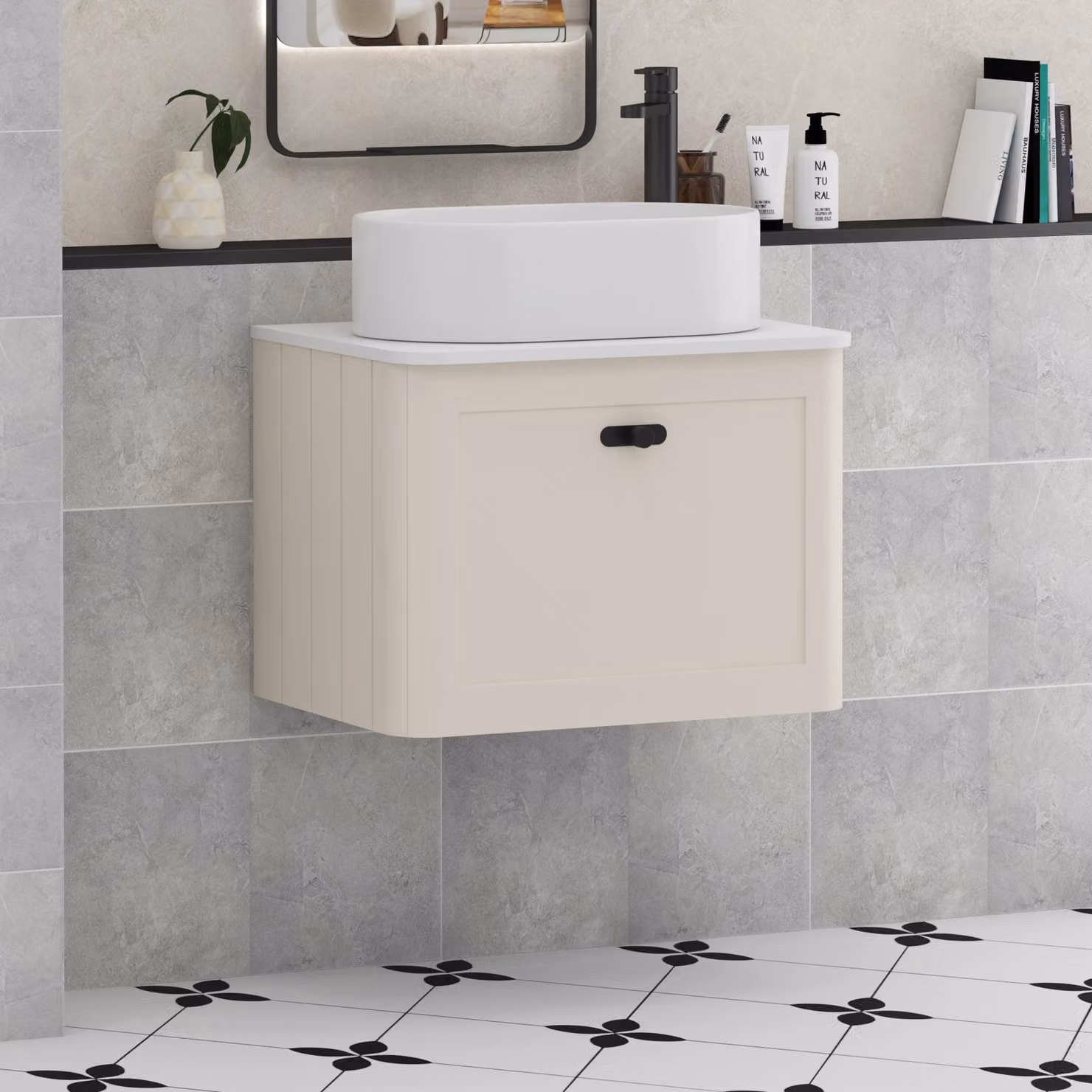 Royal Bathrooms Henley 600mm Mushroom Cashmere Wall Hung Vanity Unit with 1 Drawer, Plain White Worktop, Peak Basin and Matt Black Knob