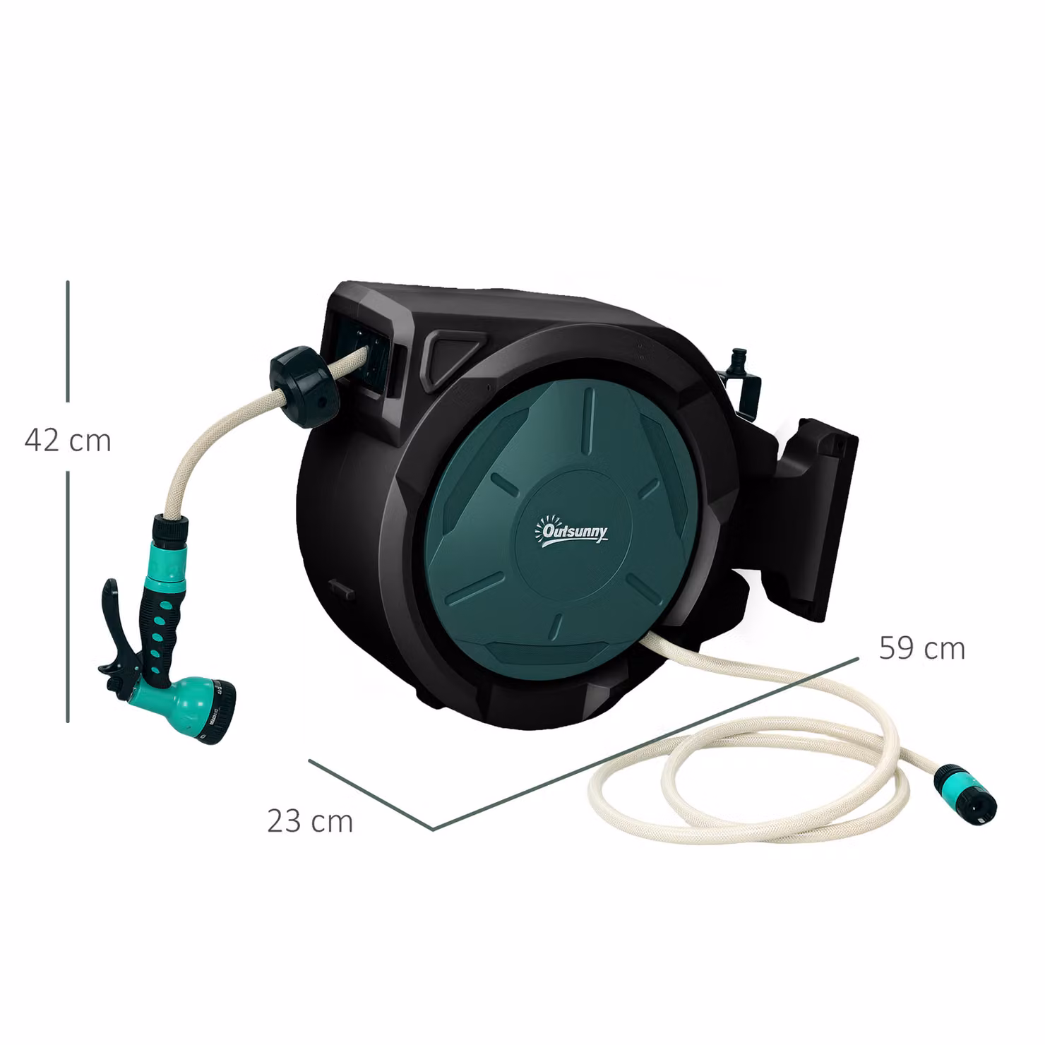 Outsunny Retractable Wall Mounted Garden Hose Reel with 30+2m Hose, 7 in 1 Spray Nozzle and 180 Degree Swivel, Green, W/D/H: 59 x 23 x 42 cm – 3