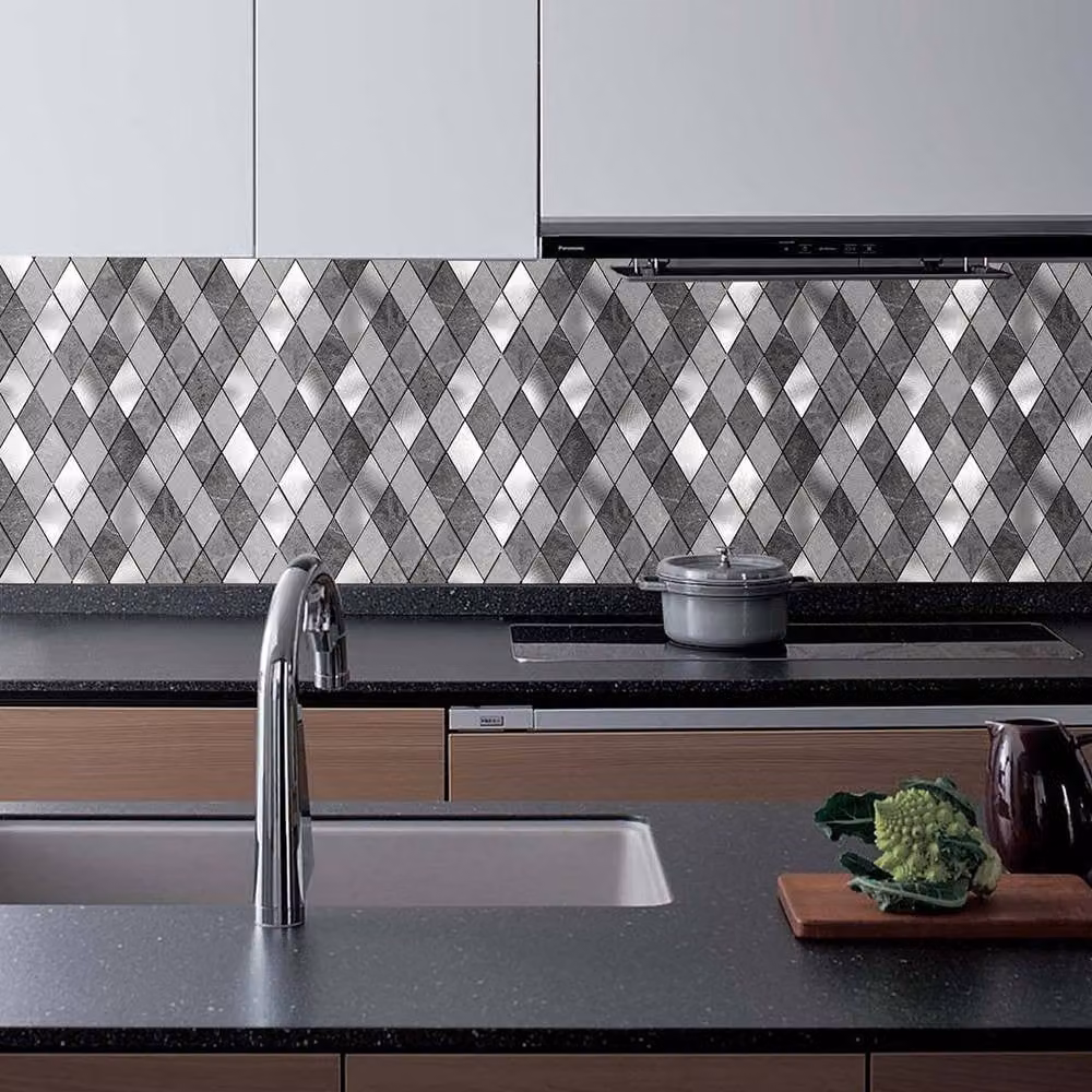 ENER-J Silver Slate Diamond Peel & Stick Aluminium Wall Tiles, 4 Pack, W/D/H: 29.5 x 29.5 x 0.35 cm – 5