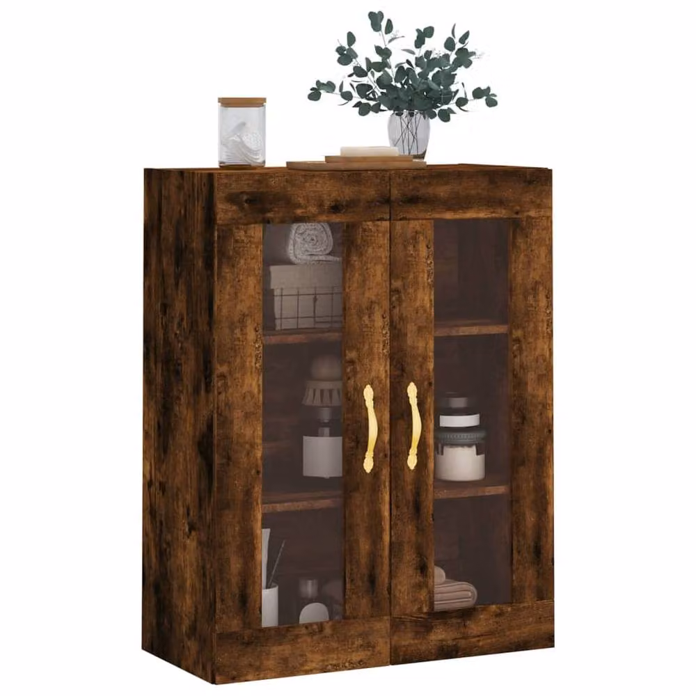 Berkfield Home Wall Mounted Smoked Oak Cabinet with Glass Doors in Brown, W/D/H: 69.5 x 34 x 90 cm – 3