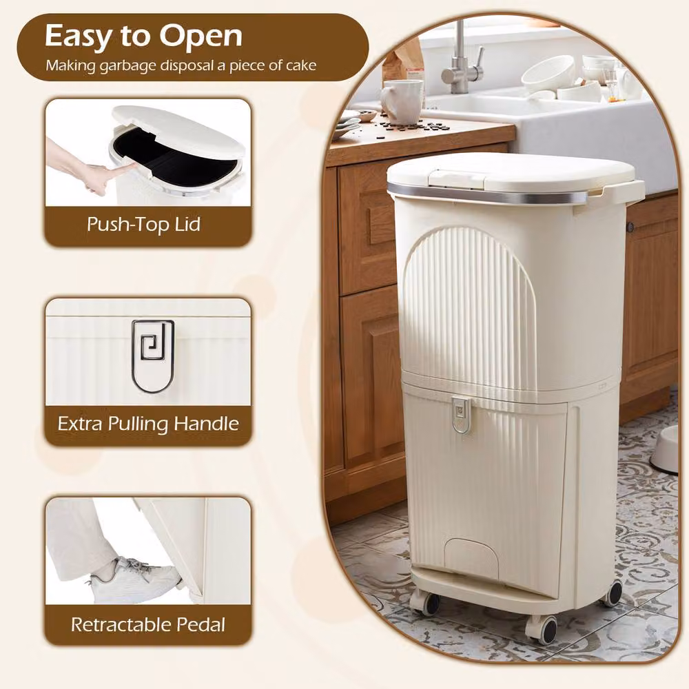 Costway 38L 2-Tier Kitchen Trash Can with Lid and Step Pedal in Beige – 3