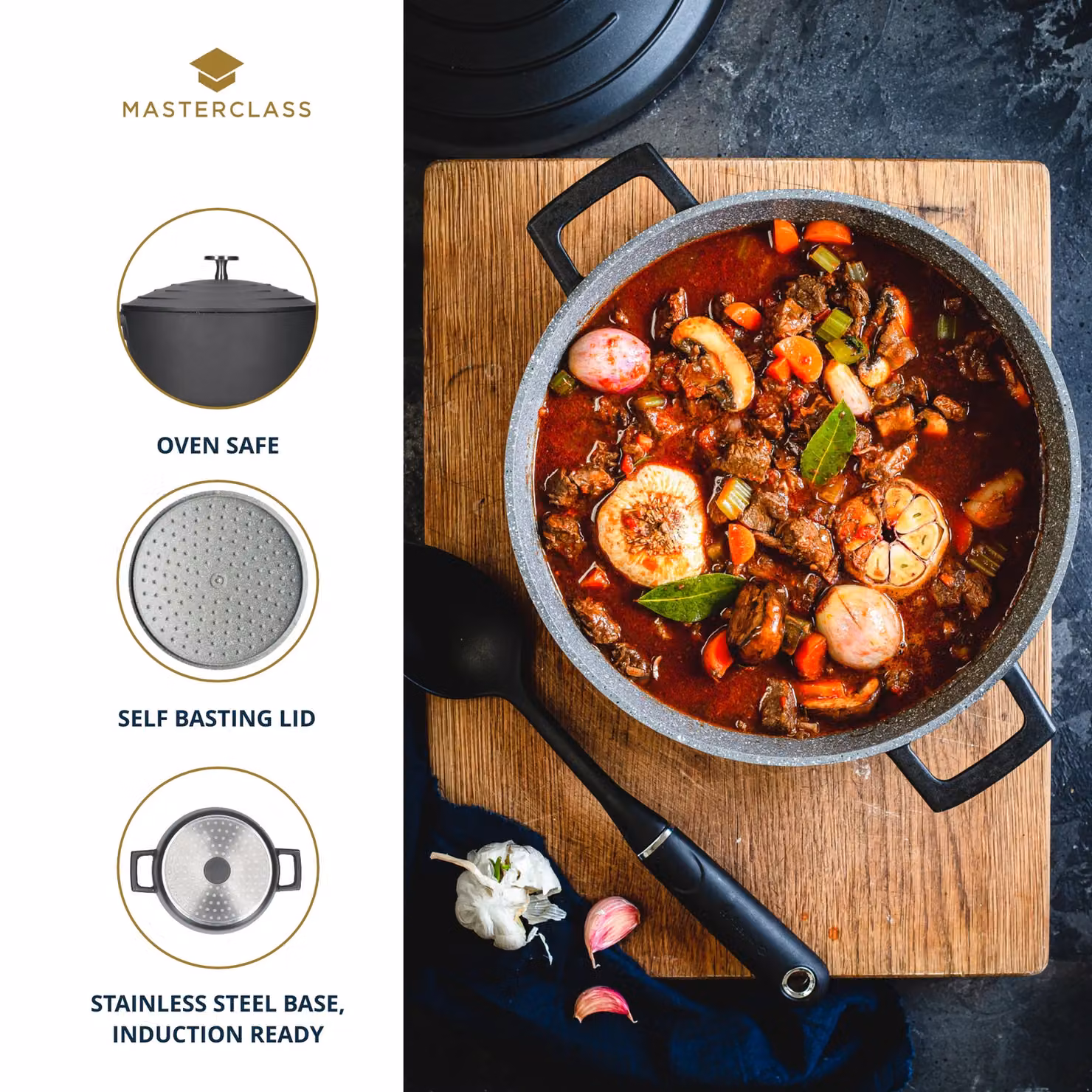 MasterClass Non-Stick Cast Aluminium Casserole Dish with Lid, Black, 5L – 6