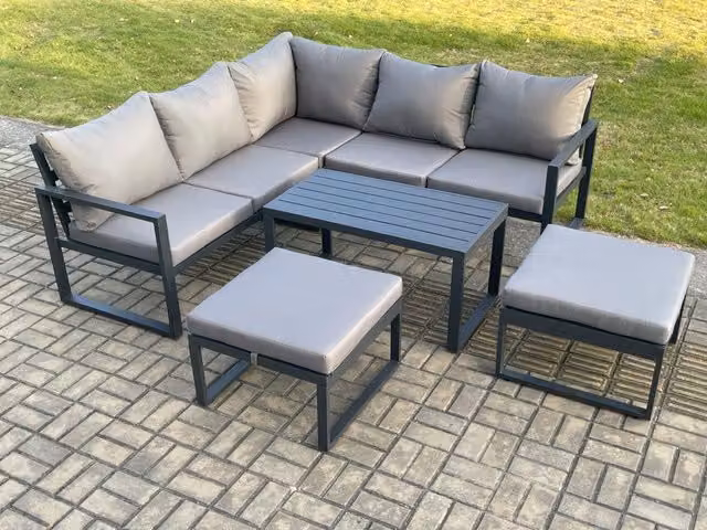 Fimous Modern L-Shape Aluminium Outdoor Garden Furniture Set in Dark Grey with 3-Seater Sofa, Coffee Table and 2 Ottomans