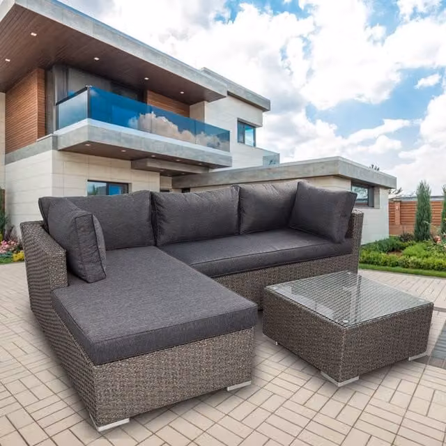 FURNITURE ONE 3 Piece L-Shaped Rattan Garden Corner Sofa Set with Tempered Glass Table in Grey