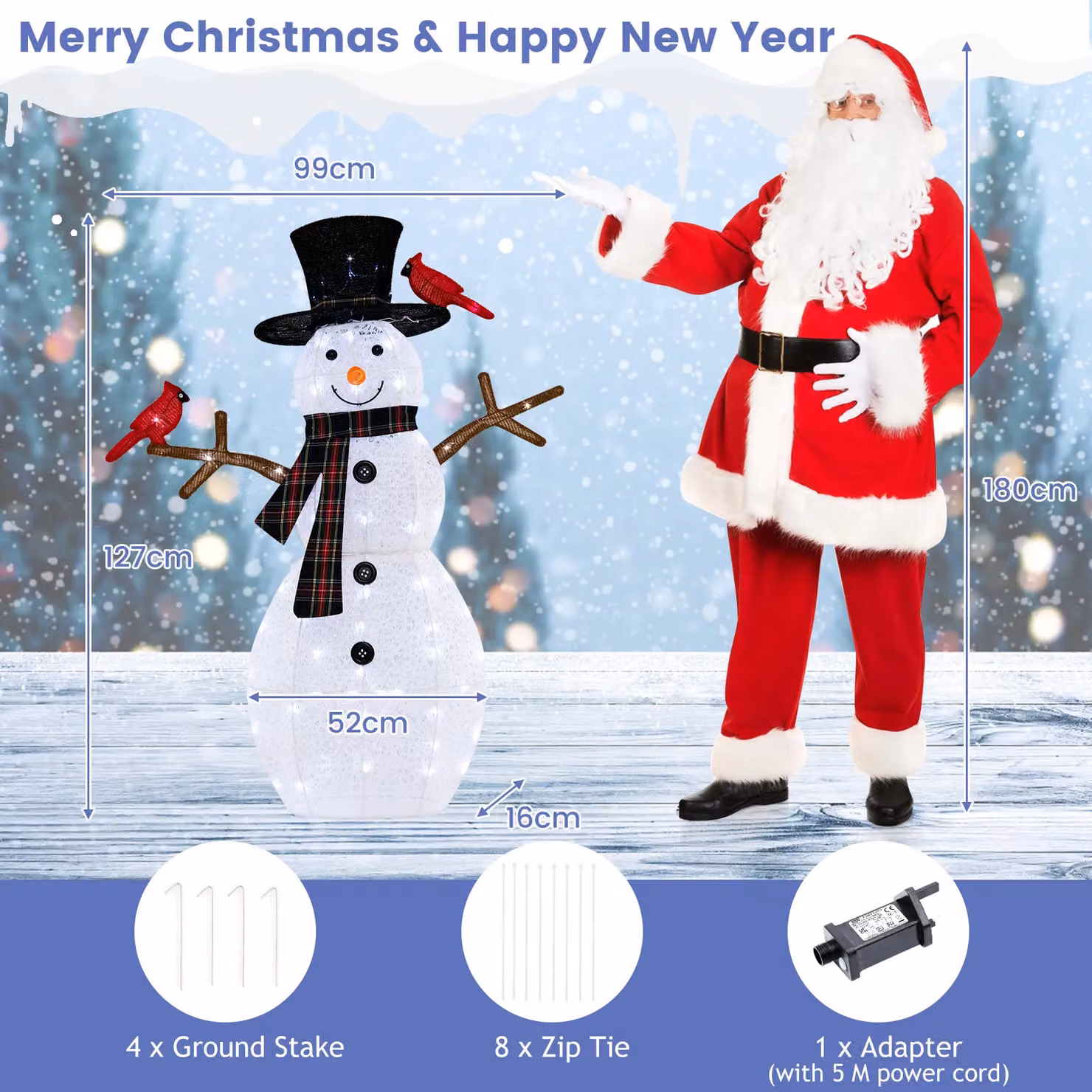 Gymax Pre-Lit Snowman and Redbirds Christmas Decor with 70 LED Lights, White and Multicolour, Height: 127 cm – 3