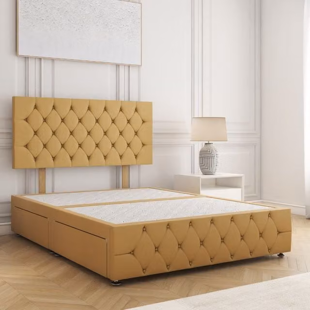 BSSPOKE Mulberry Small Double Plush Velvet Divan Bed with 24 inch Headboard and 4 Drawers in Yellow, W/D/H: 120 x 200 cm