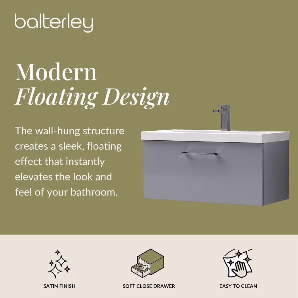 Balterley 800mm Wall Hung 1 Drawer Vanity Basin Unit in Satin Grey with Pewter Handle – 2