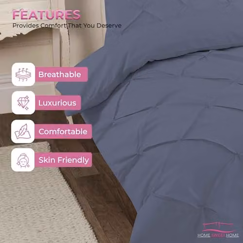 Home Sweet Home UK Grey Pintuck Polycotton Duvet Cover and Pillowcase Set with Button Closure – 3