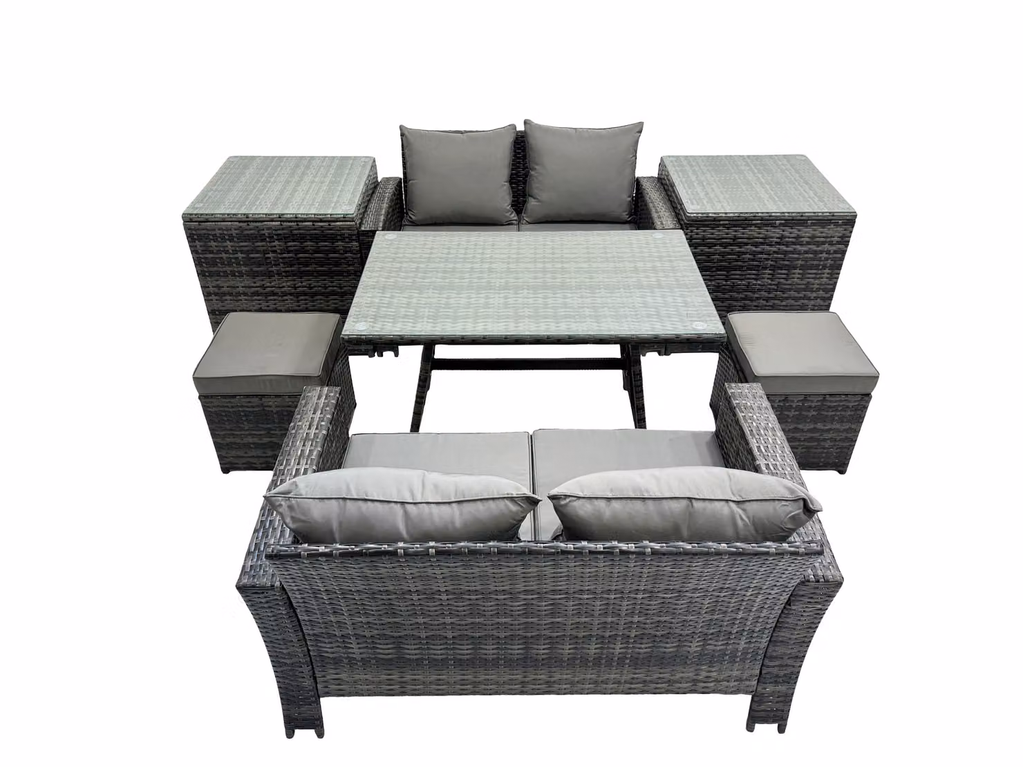 Fimous 6 Seater Outdoor Dining Set with Double Seat Sofa, 2 Small Stools and 2 Side Tables in Dark Grey – 2