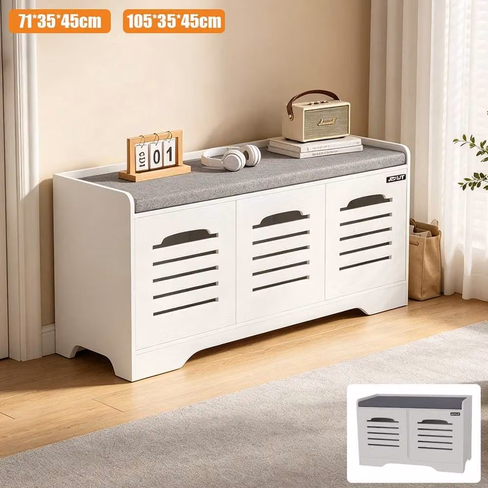 KORVIXA 3-Door Shoe Storage Bench with White Fabric Cushion Seat – 3