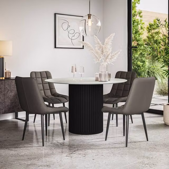 More4Homes Arlo White Marble Effect Round Dining Table with 6 Grey Nova Faux Leather Dining Chairs Set, W: 120 cm, H: 75 cm – 1