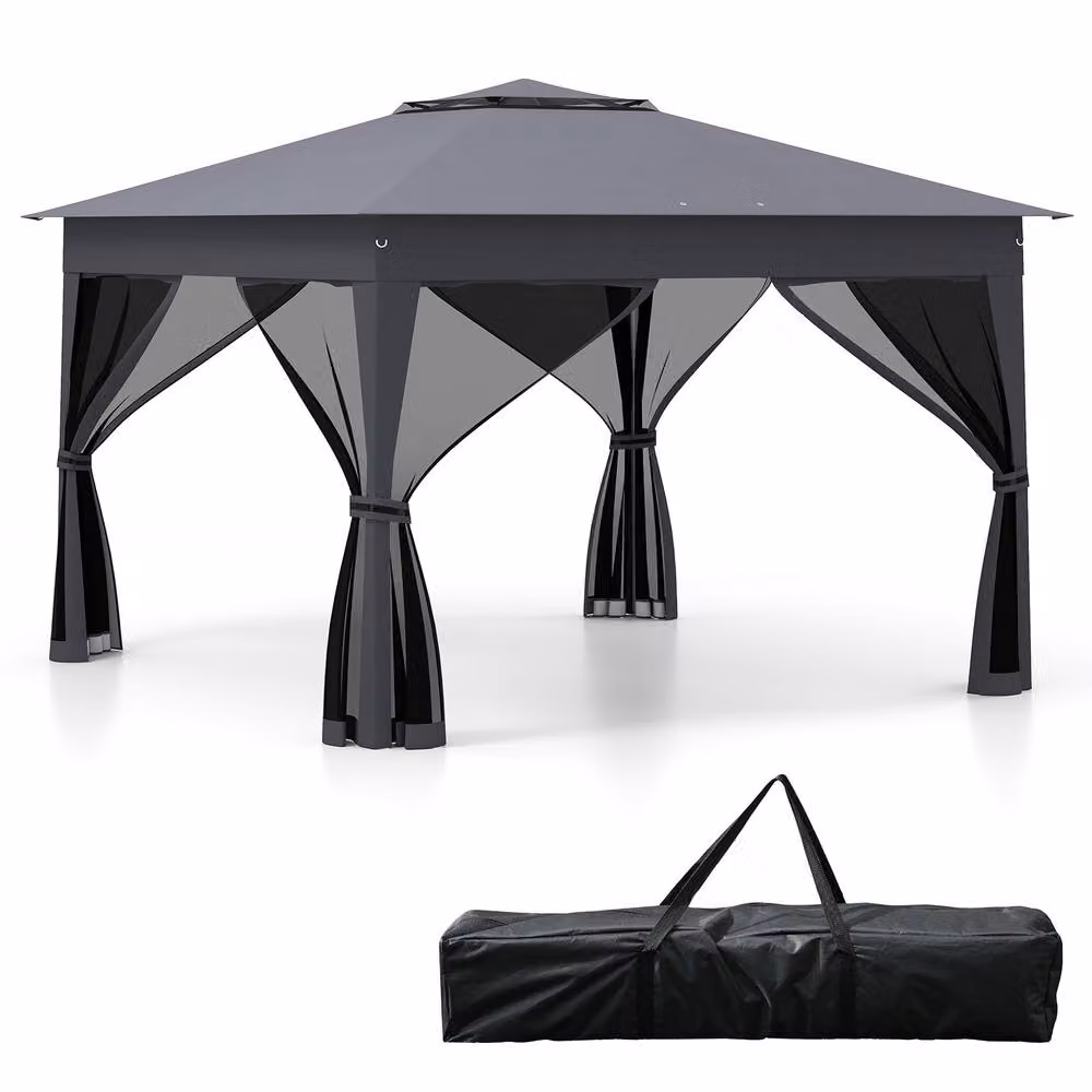 Gymax Pop up Gazebo Height Adjustable Pavilion Canopy Tent, Dark Grey, W: 330 cm, D: 330 cm – 2