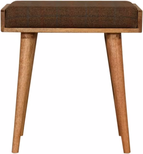 KDMK Modern Checked Multi Tweed Tray Style Footstool in Brown with Mango Wood Frame