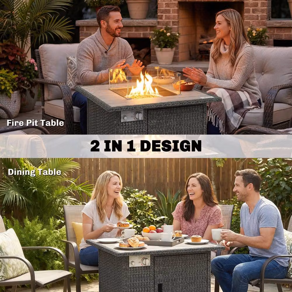 OUTSUNNY Grey Polyrattan Gas Fire Pit Table with Glass Top and Weather Cover, W/D/H: 142 x 71 x 62 cm – 4
