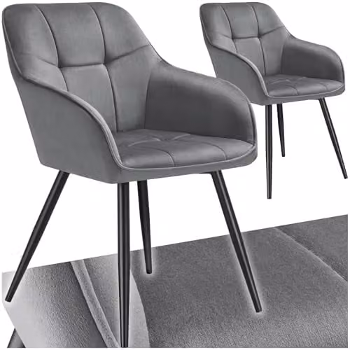 tectake Marilyn Set of 2 Modern Dining Chairs with Velvet-Look Fabric and Geometric Pattern in Grey/Black – 1