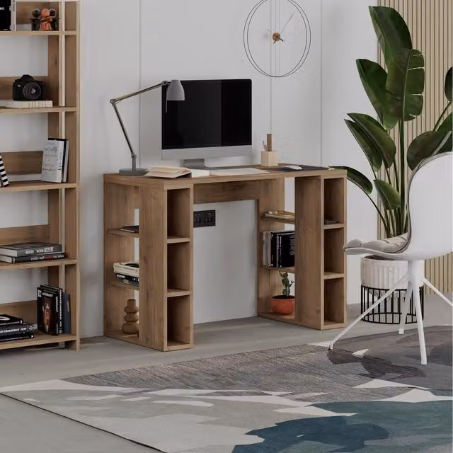Decortie Colmar Writing Desk with 3 Open Shelves, Dark Oak Effect, W: 106 cm, H: 75 cm, D: 50 cm