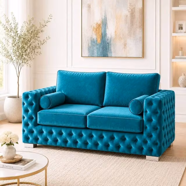 Stratus Interiors Ashley Tufted Chesterfield 2 Seater Fabric Living Room Sofa in Petrol
