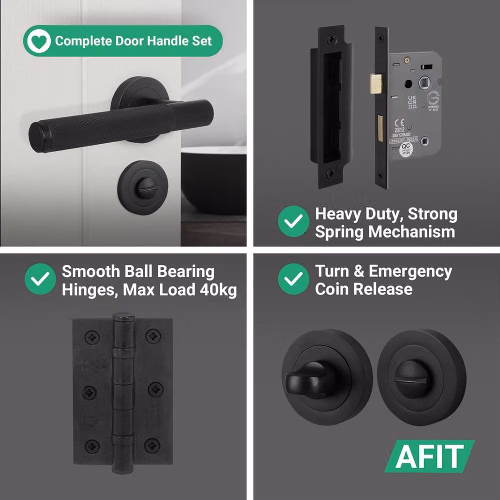 AFIT Matt Black Bathroom Door Handle Rose with WC Lock and Hinges, W/D/H: 15 x 15 x 2 cm – 7