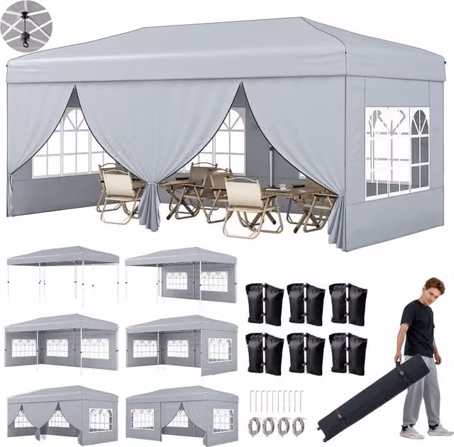 Costway Large Outdoor Pop Up Canopy Tent in Grey with UPF 50+ Protection, W: 600 cm, D: 250 cm, H: 250 cm