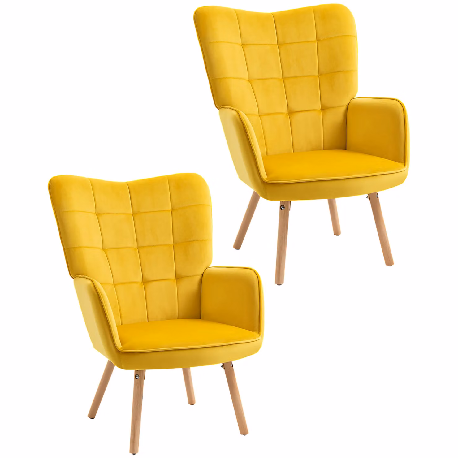 HOMCOM Set of 2 Modern Velvet-Touch Tufted Wingback Accent Armchairs in Yellow – 2