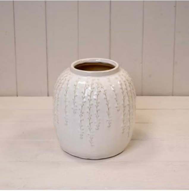 KDMD Small Cream and White Ribbed Ceramic Tabletop Vase