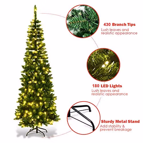 Shatchi 1.8m Pre-Lit Artificial Slim Green Pencil Christmas Tree with Warm White LEDs, H: 180 cm, W: 58 cm – 2