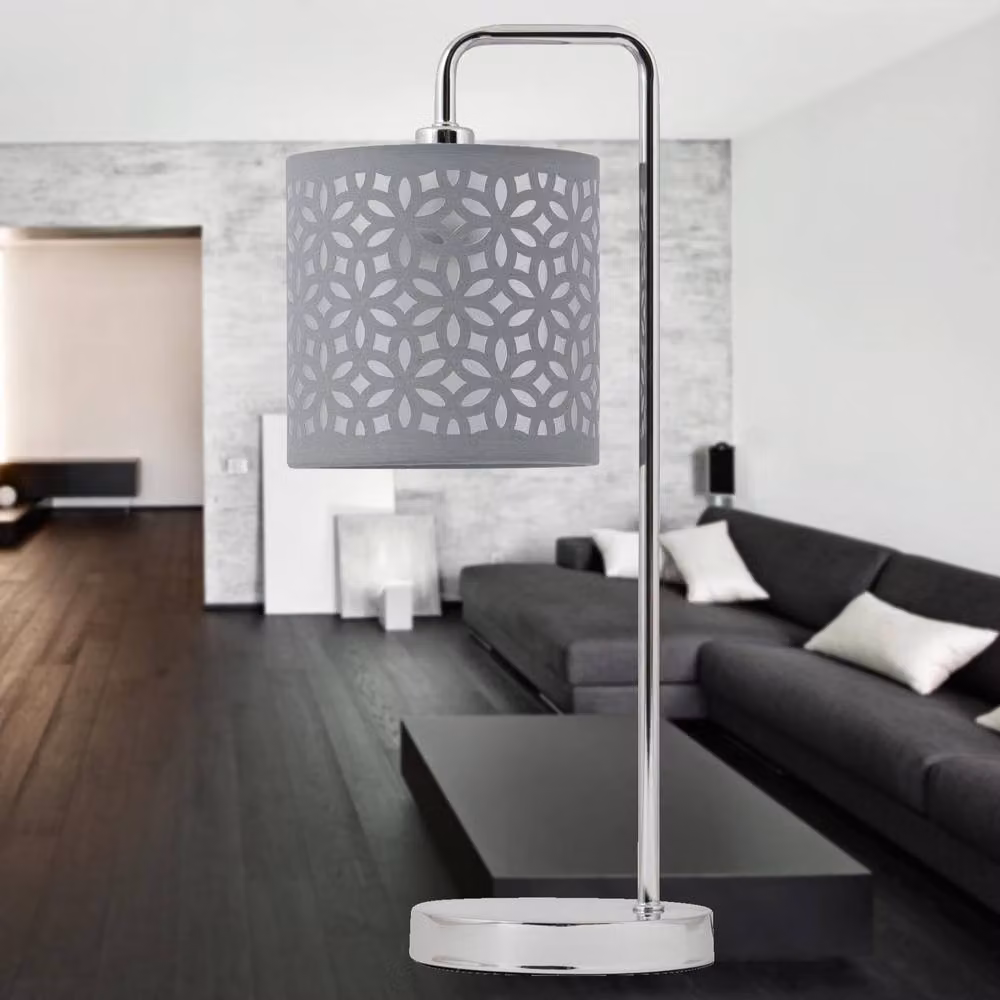 First Choice Lighting Set of 2 Chrome Arched Table Lamps with Grey Cut Out Fabric Shades in Silver, Height: 46 cm – 3