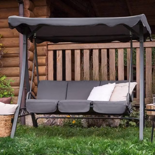 Wyld and Coco Grey 3-Seater Fabric Patio Swing with Sun Canopy and Cushions and Powder-Coated Steel Frame – 1
