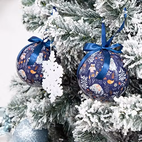 The Christmas Workshop Set of 14 Navy Blue Festive Animal, Flower and Bird Christmas Baubles, Diameter: 7.5 cm – 8
