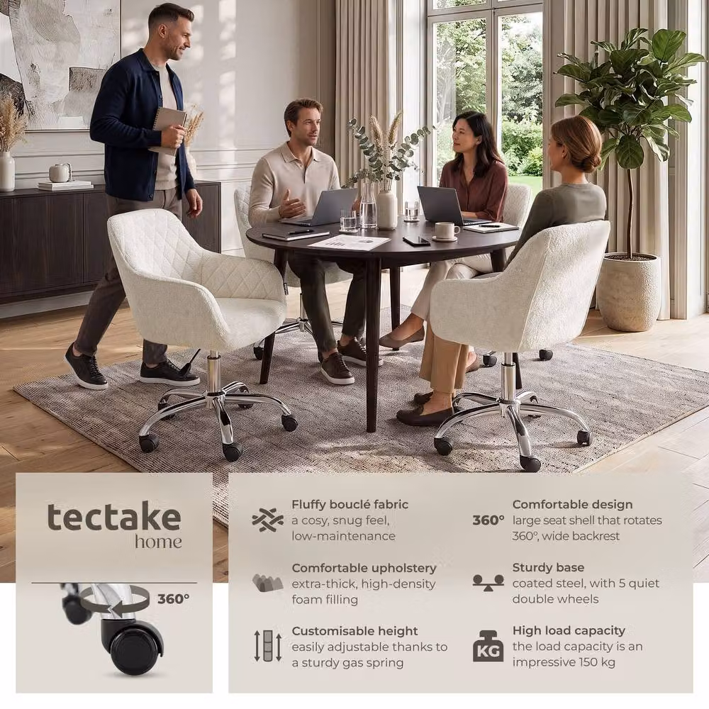 TECTAKE Nancy White Velvet Upholstered Swivel Task Chair with Castors and Armrests – 2