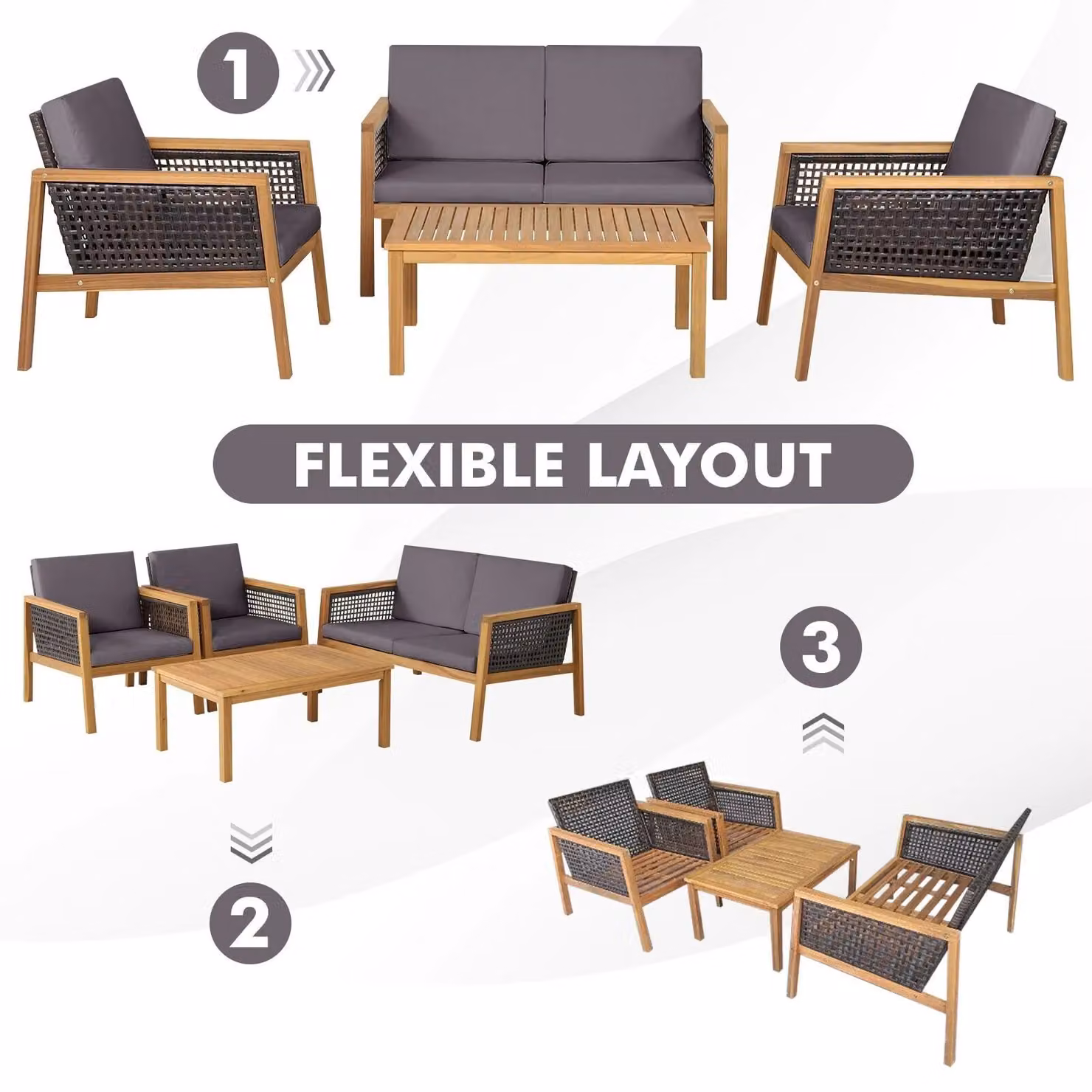 Costway 4-Piece Acacia Wood and PE Rattan Patio Furniture Set in Grey with Upholstered Cushions – 4
