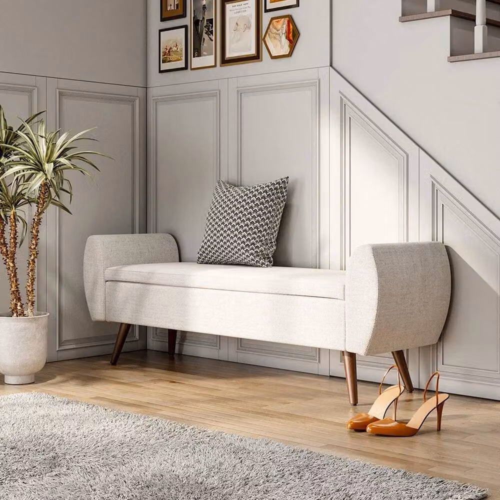 EONLION Linen Ottoman Storage Box Pouffe Seat Stool in Beige, H 151 cm x W 100 cm – 3
