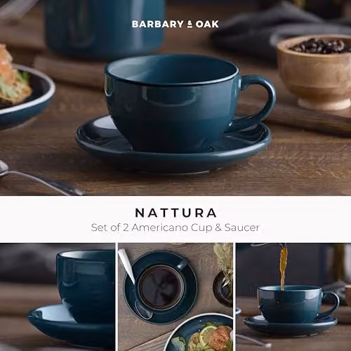 Barbary & Oak Nattura Set of 2 Agave Blue Stoneware Coffee Cups and Saucers, 350ml – 5