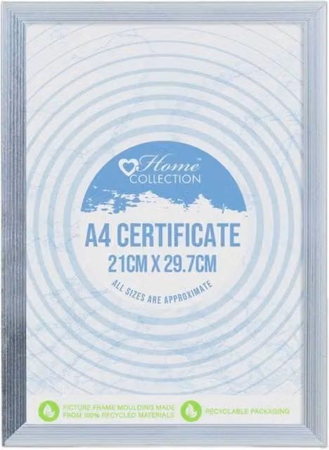 IG Design Cambridge Single Glass Certificate Frame in Silver, W/D/H: 29.7 x 21.0 x 29.7 cm