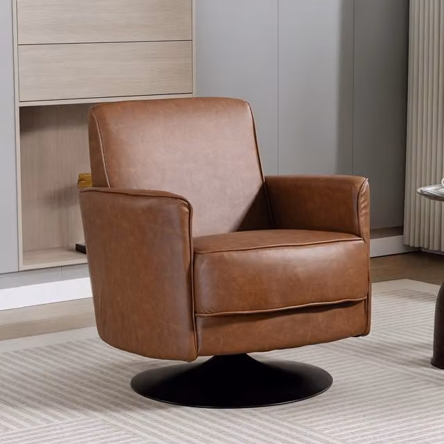 HOMCOM Brown Synthetic Leather Upholstered Swivel Tub Accent Chair with Armrests
