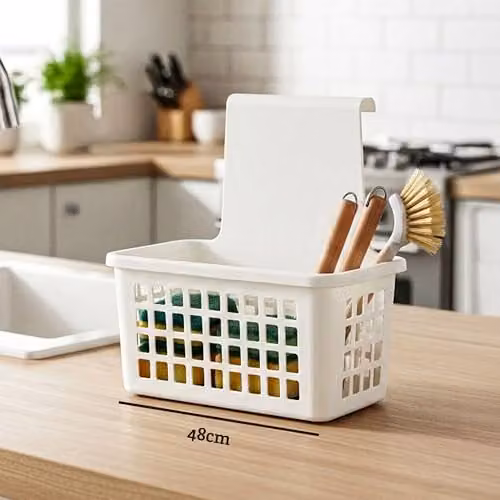 Orsina White Small Hanging Organiser Basket, Slatted Plastic Vented Bin for Bathroom or Kitchen Storage, W/D/H: 25.0 x 43.0 x 48.0 cm – 2