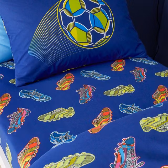 Catherine Lansfield Bright Football Fitted Sheet, Navy Blue, W/D/H: 90 x 190 cm