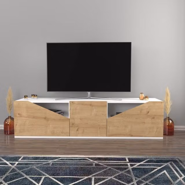 Carson Modern Geometric TV Unit in White Sapphire Oak, Width: 160 cm