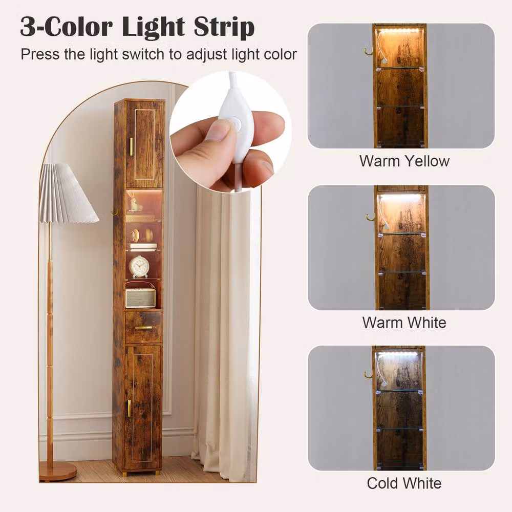 Costway Brown Freestanding Narrow Bathroom Storage Cabinet with 3 Hinged Doors and Internal Shelves, Height: 180 cm – 4